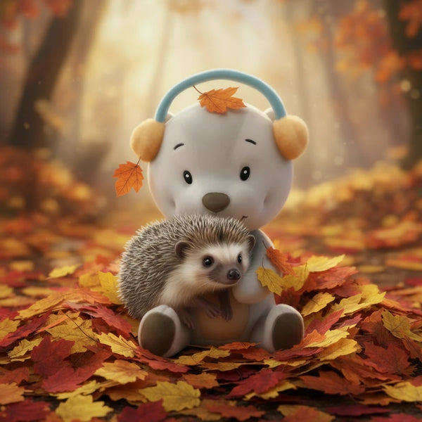"Lenabo Hörspiel „Der kleine Igel im Laub“ von Lenabie Aaron (Bär) – herbstliches Hörspiel für Kinder ab 3 Jahren, Aaron entdeckt im raschelnden Laub einen kleinen Igel und lernt achtsam mit Waldtieren umzugehen, liebevoll erzählte Klanggeschichte mit Blätterrascheln, sanftem Wind und ruhiger Musik, fördert Empathie, Naturbewusstsein und genaues Zuhören, ideal als entspannendes Hörabenteuer oder Einschlafgeschichte in der Lenabo App.