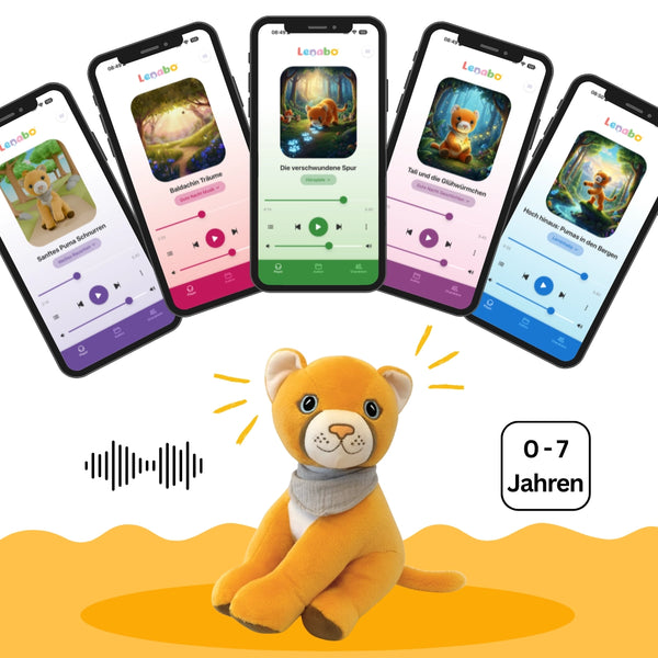 Lenabie Tali (Puma) mit Lenabo Smart Speaker – visualisiert das vielfältige Audioportfolio in der Lenabo App mit zahlreichen Geschichten, Liedern und Lerninhalten je Lenabie, altersgerecht für 0–7 Jahre, individuell abgestimmt auf das jeweilige Motiv und einfach per App steuerbar.