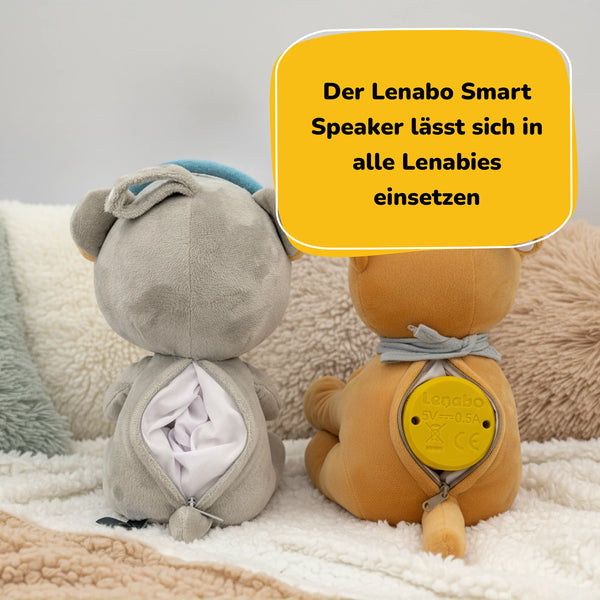Lenabo Starter Kit 2er Bundle mit Lenabie Tali (Puma) & Lenabie Aaron (Bär) – Rückansicht der Audio-Kuscheltiere mit Reißverschlussfach für den herausnehmbaren Lenabo Smart Speaker. Mobiler Speaker flexibel in alle Lenabies einsetzbar, über 60 Minuten Spielzeit je Lenabie mit Hörspielen, Gute-Nacht-Geschichten und weißem Rauschen für Kinder von 0–7 Jahren.